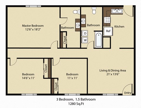 Floor plan for 3 beds, 2 baths, 1280 sqft